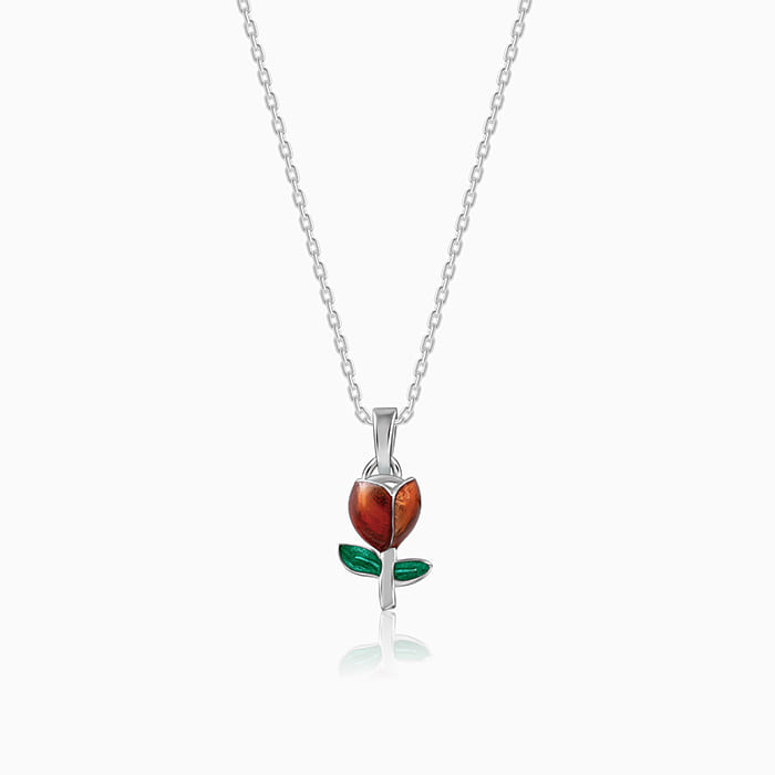 Silver pendant with enamel red rose motif on a link chain