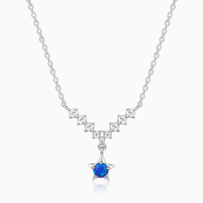 Silver V-shaped necklace with blue opal star and zircon details