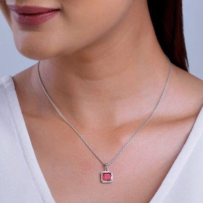 Silver Pink Square Pendant With Link Chain