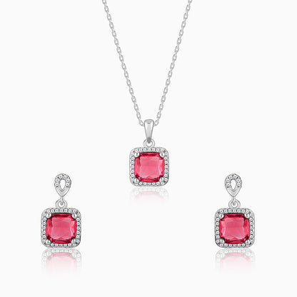 Silver Pink Square set with pendant, link chain, and earrings featuring pink stones and zircon accents




