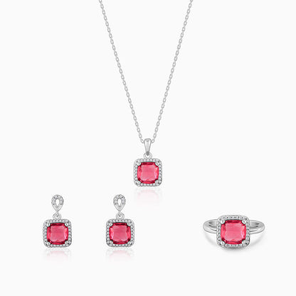 Silver Pink Square set with pendant, ring, and earrings





