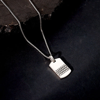 Oxidised Silver Modern Rectangular Pendant With Box Chain