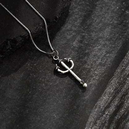 Oxidised Silver Trident Pendant with Box Chain For Him