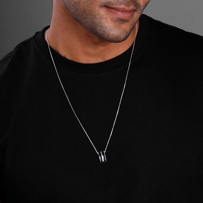 Silver Bold Black Pendant With Box Chain For Him