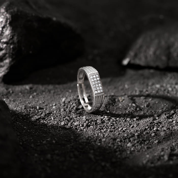 Silver Zircon Rectangle Ring For Him