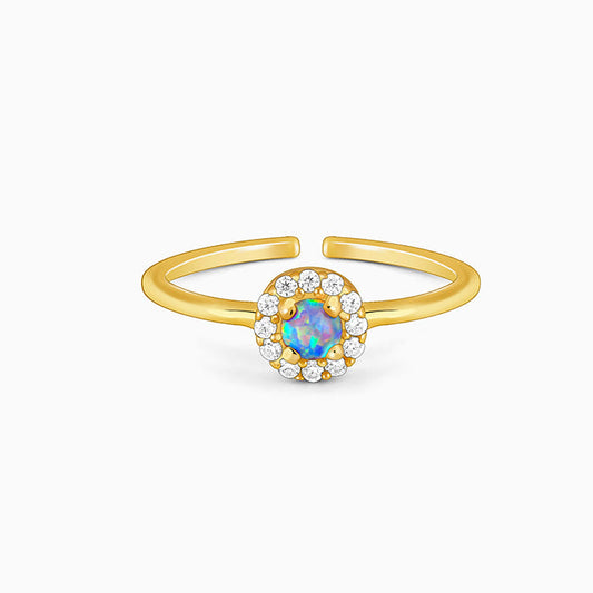 Golden opal ring with circular motif and zircon details






