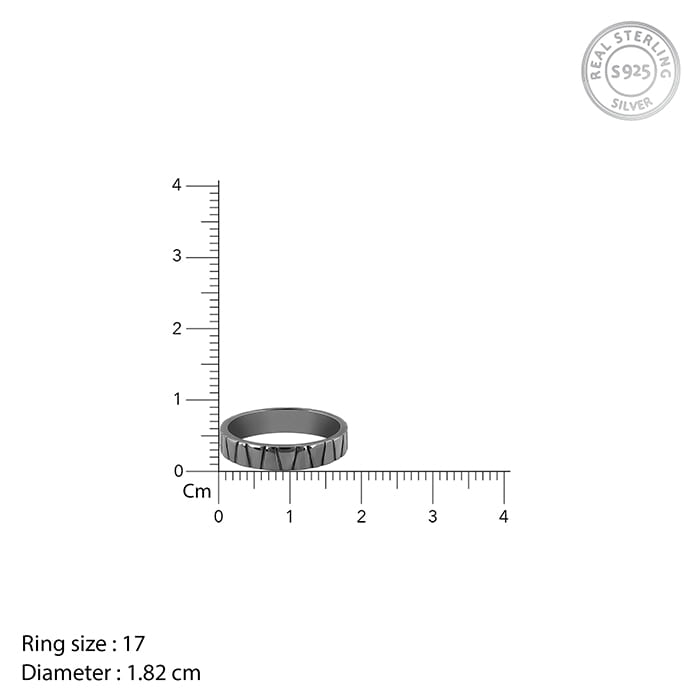 Black rhodium men's ring with tapered grooves across the band






