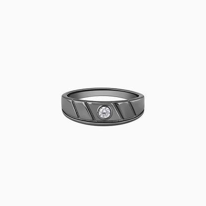 Black rhodium men's ring with textured design and central zircon