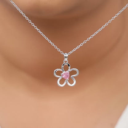 Silver Cherished Flower Pendant With Link Chain