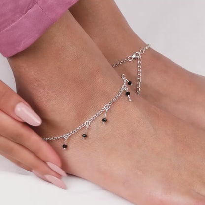 Silver Black Beaded Charm Anklet