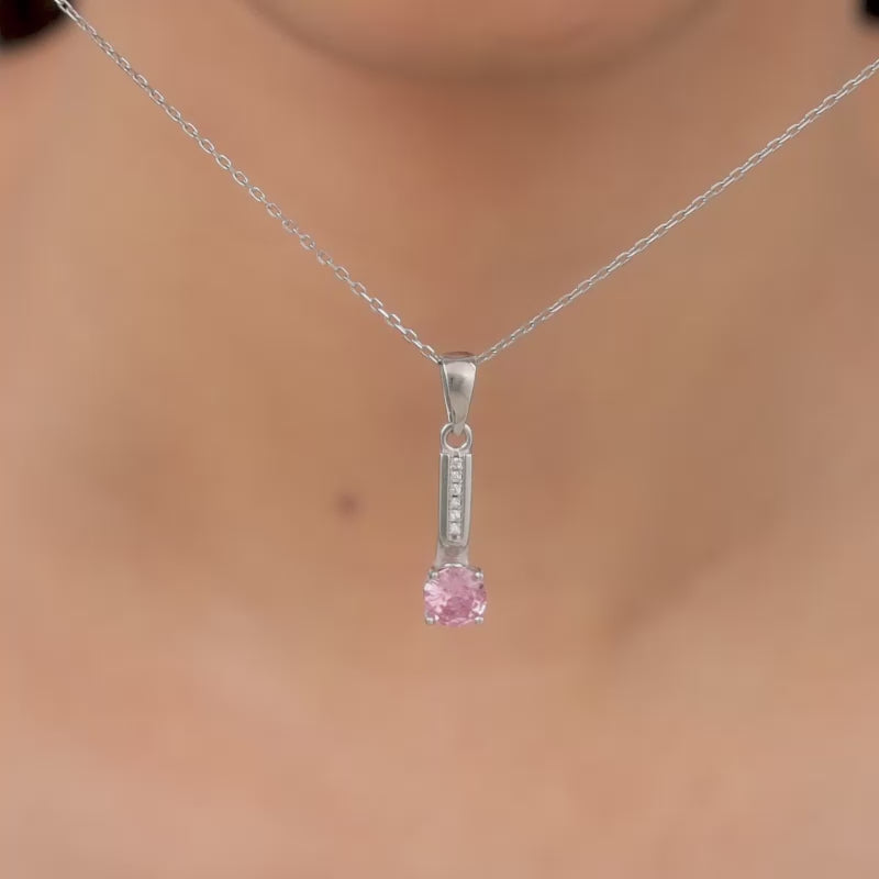 Silver Pink Glam Pendant With Link Chain  - Silver Pendant for women