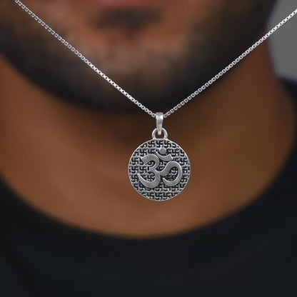 Oxidised Silver Om Pendant with Box Chain For Him