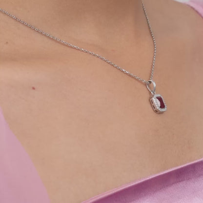 Silver Rosy Baguette Pendant With Link Chain