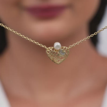 Golden Filigree Pearl Heart Necklace