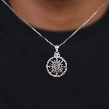 Silver Compass of Life Pendant with Link Chain For Him