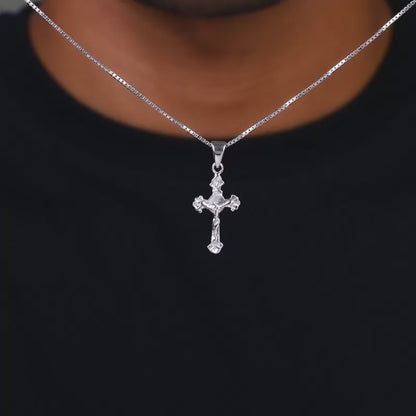 Silver Striped Cross Pendant with Box Chain For Him