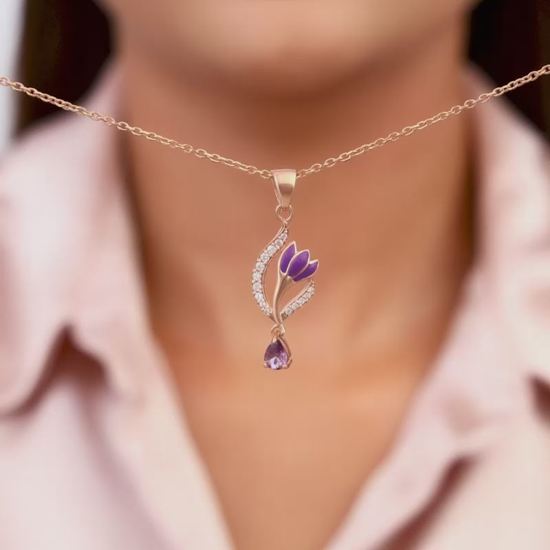 Rose Gold Flowing Crocus Pendant with Link Chain GIVA Jewellery