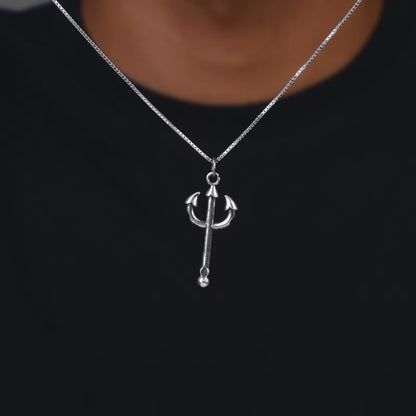 Oxidised Silver Trident Pendant with Box Chain For Him