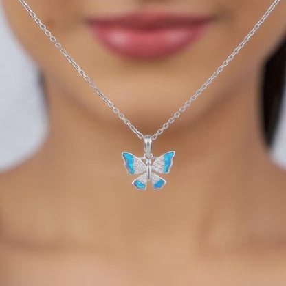 Silver Azure Butterfly Pendant With Link Chain