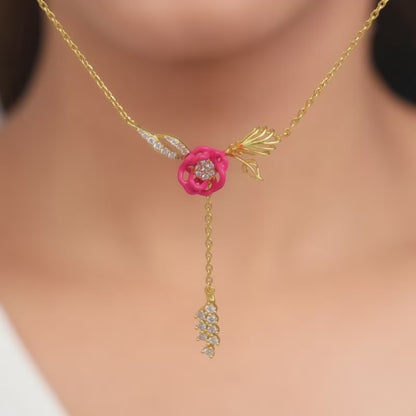 Golden Pink Brahma Kamal Lariat Necklace