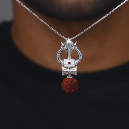 Silver Trishul Rudraksha Pendant With Box Chain For Him