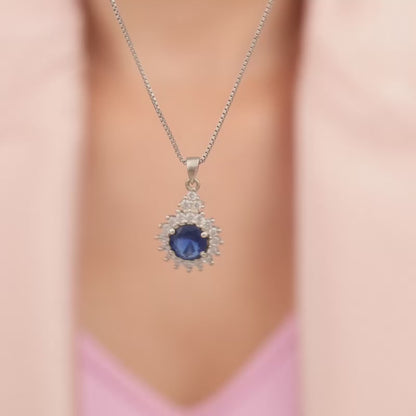 Silver Sapphire Floral Pendant With Box Chain