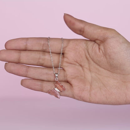 Silver Peach Butterfly Pendant With Link Chain