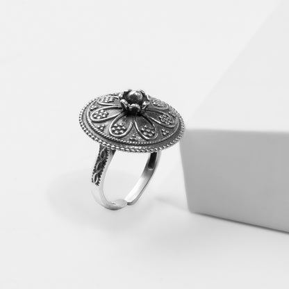 Oxidised Silver Flower Shield Ring