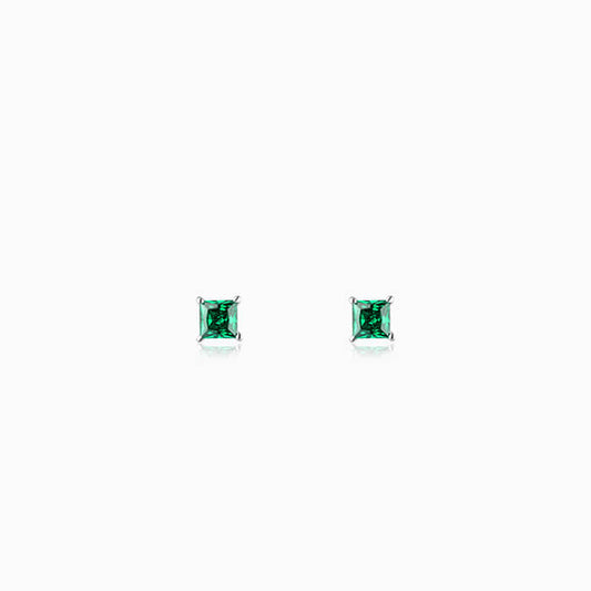 Silver Emerald Green Square Stud Earrings