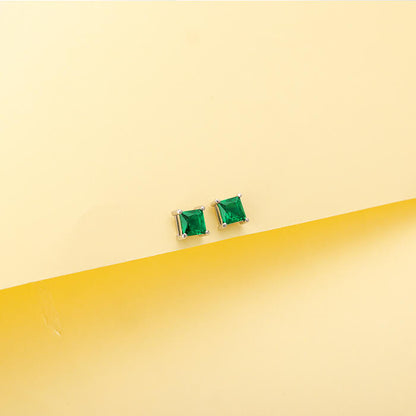 Silver Emerald Green Square Stud Earrings