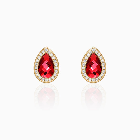 Golden Ruby Red Tear Drop Earrings