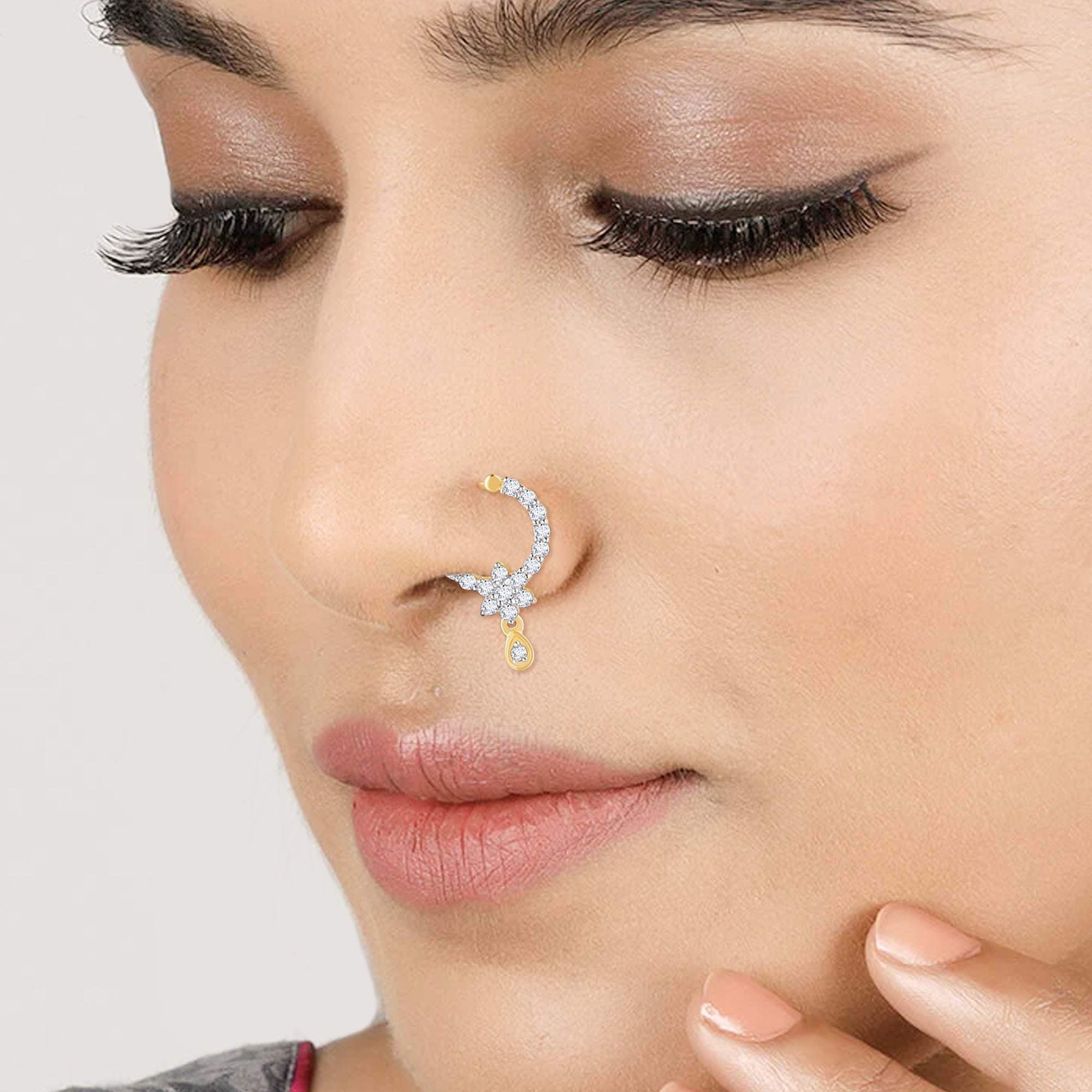 18K Gold Nose Pin, Nose Stud Piercing with CZ Crystal - Beautiful Nose Ring/  Stud with the