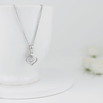 Silver Zircon Dual Heart Pendant with Link Chain