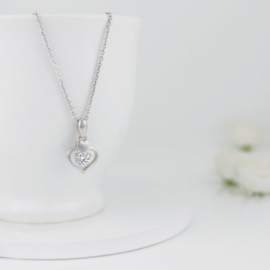 Silver Zircon Dual Heart Pendant with Link Chain