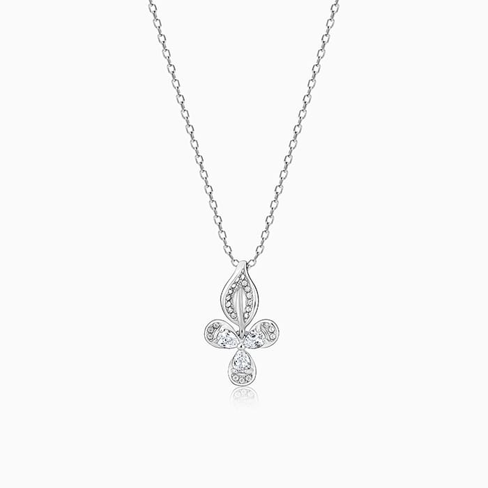 Silver Iris Flower Pendant with Link Chain