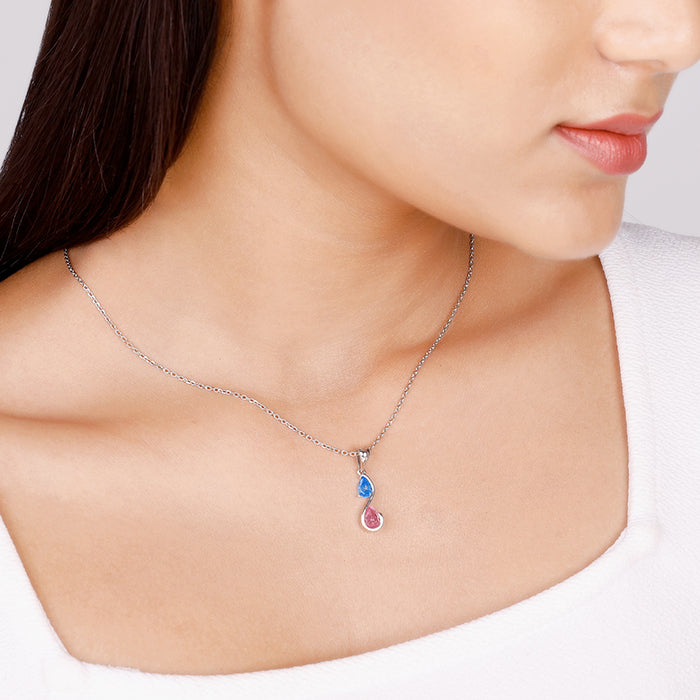 Silver Blue and Pink Stone Pendant with Link Chain