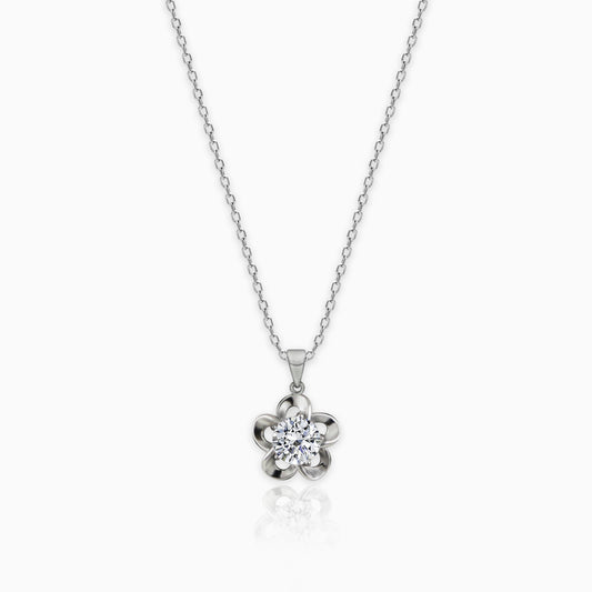 Silver Zircon Flower Pendant with Link Chain