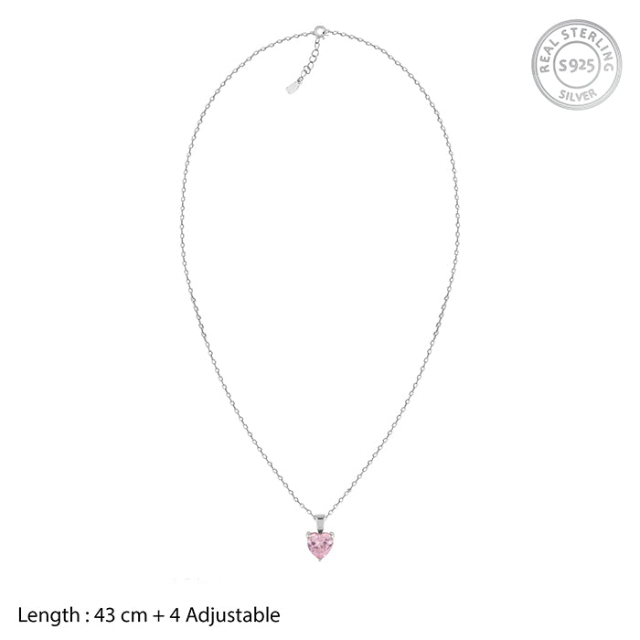 925 Silver necklace – dark pink zircon, clear zircon line, asymmetrical  heart, letters MOM