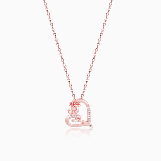 Rose Gold Rose In Heart Pendant with Link Chain