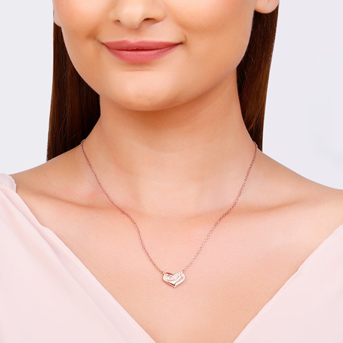 Rose Gold Zircon Studded United Hearts Necklace