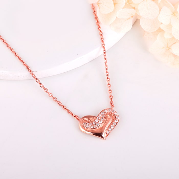 Rose Gold Zircon Studded United Hearts Necklace