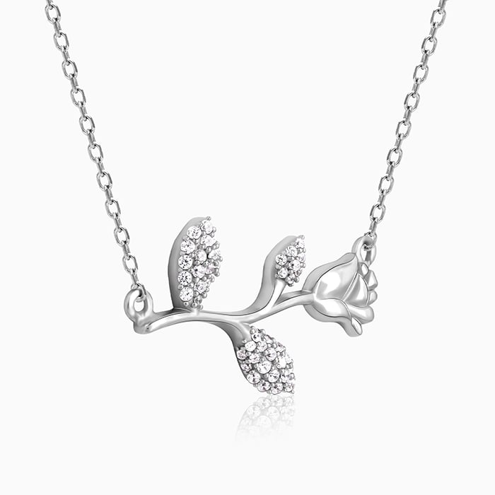 Silver Zircon Studded Rose Necklace