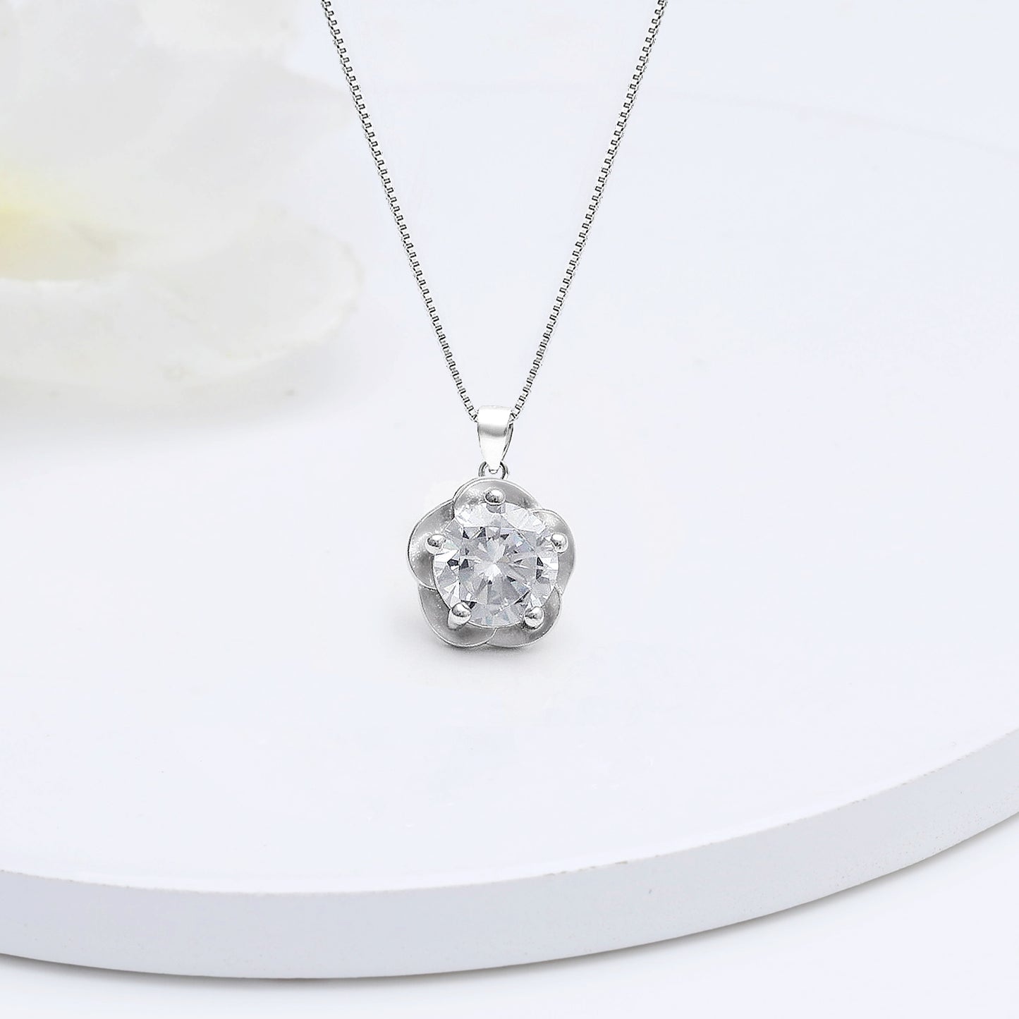 Silver Zircon Mini Flower Pendant with Box Chain