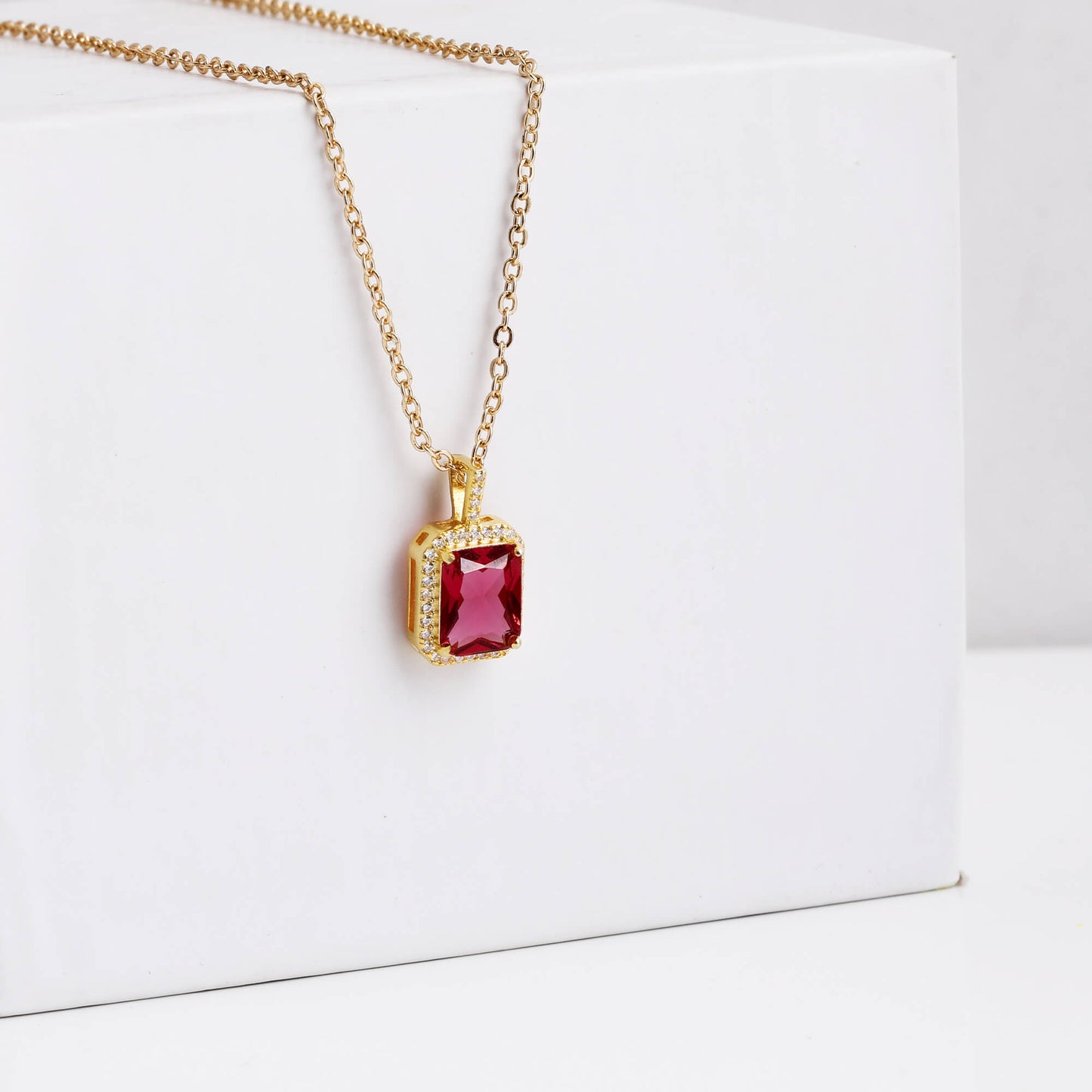 Golden Ruby Red Baguette Pendant with Link Chain