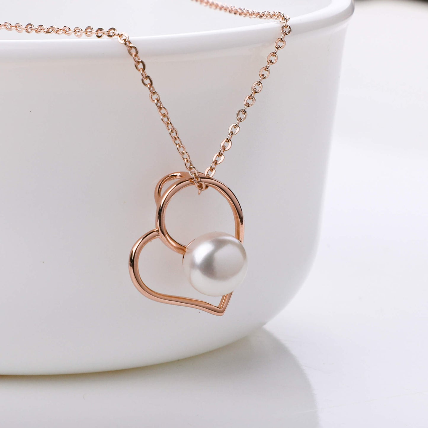 Rose Gold Pearl Heart Pendant with Link Chain