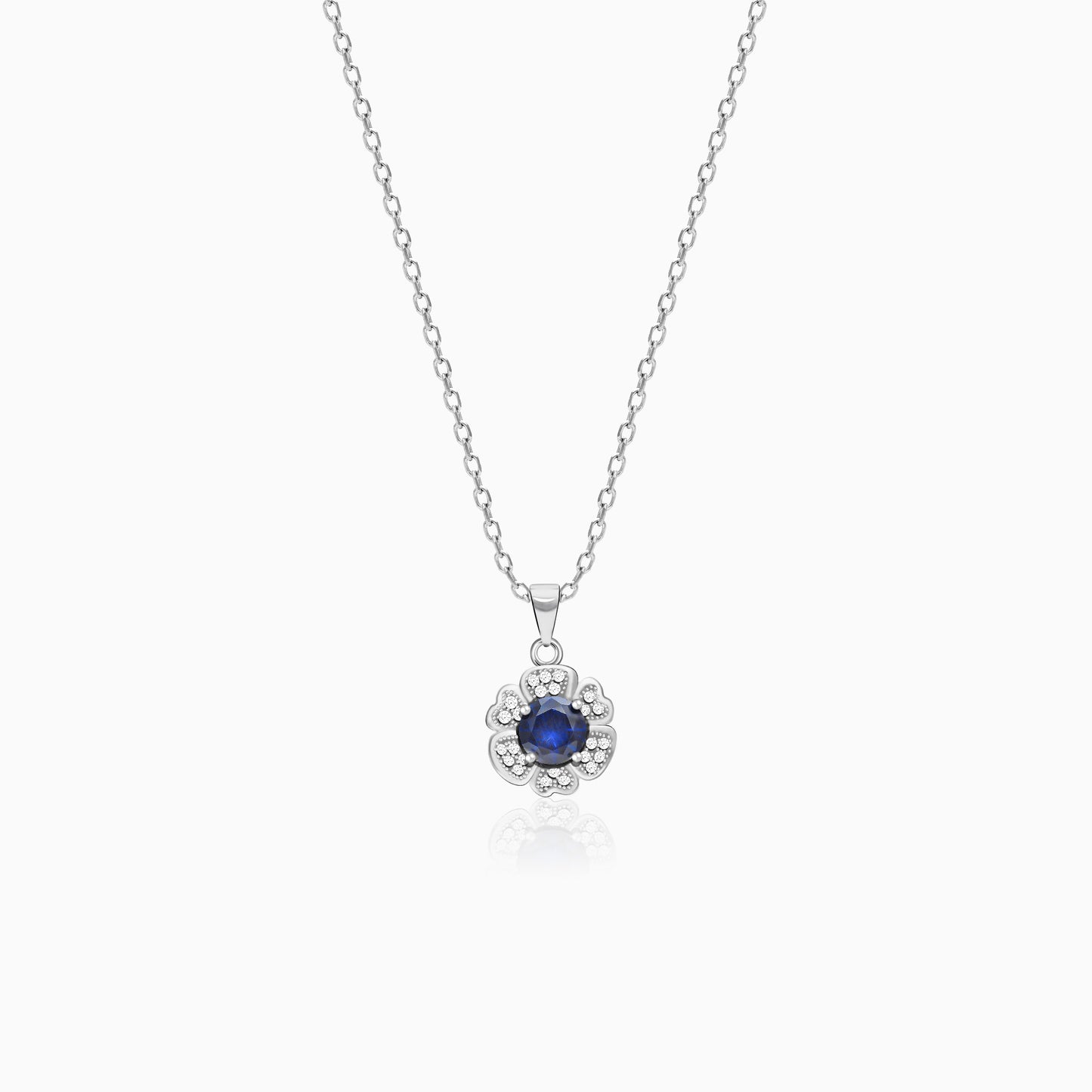 Silver Royal Blue Bloom Pendant With Link Chain