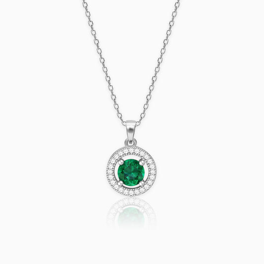 Silver Forest Green Shining Halo Pendant With Link Chain