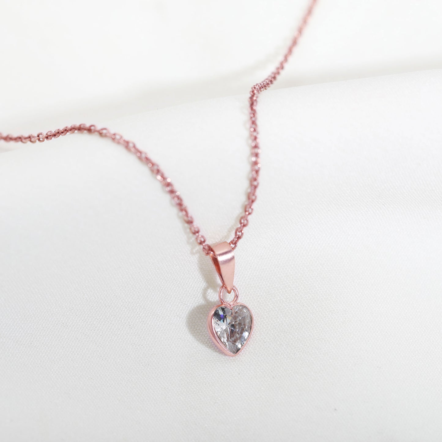 Rose Gold Crystal Heart Pendant With Link Chain