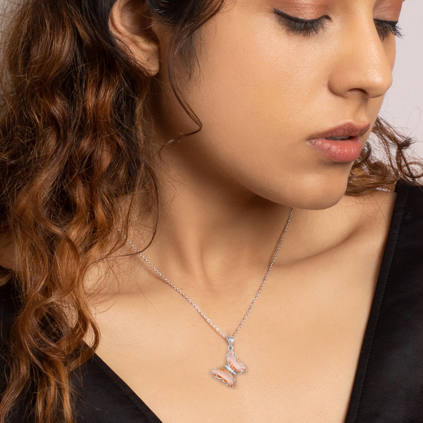 Silver Peach Butterfly Pendant With Link Chain