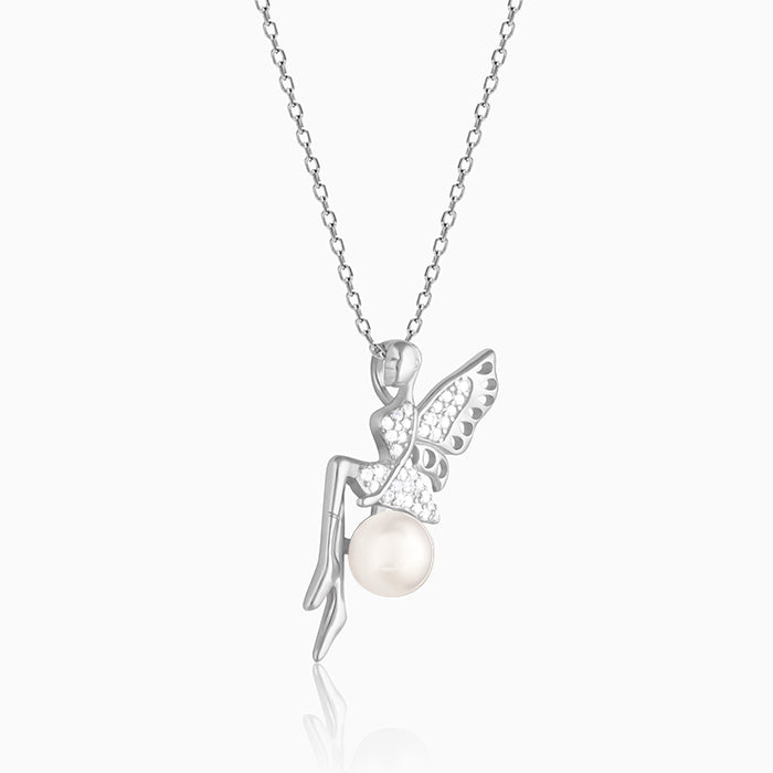 Silver Love Angel Pearl Pendant With Link Chain